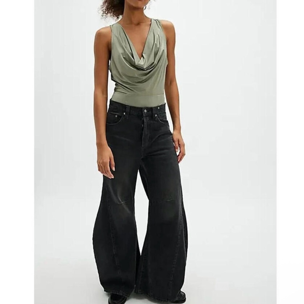 Free People When & Where Laurel Oak Bodysuit Olive Green Drapey Sleek Sleeveless - Picture 2 of 13